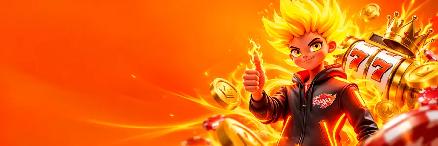 Banner da Fuego Casino com personagem de cabelo em chamas, caça-níquel com sete, coroa dourada e fichas